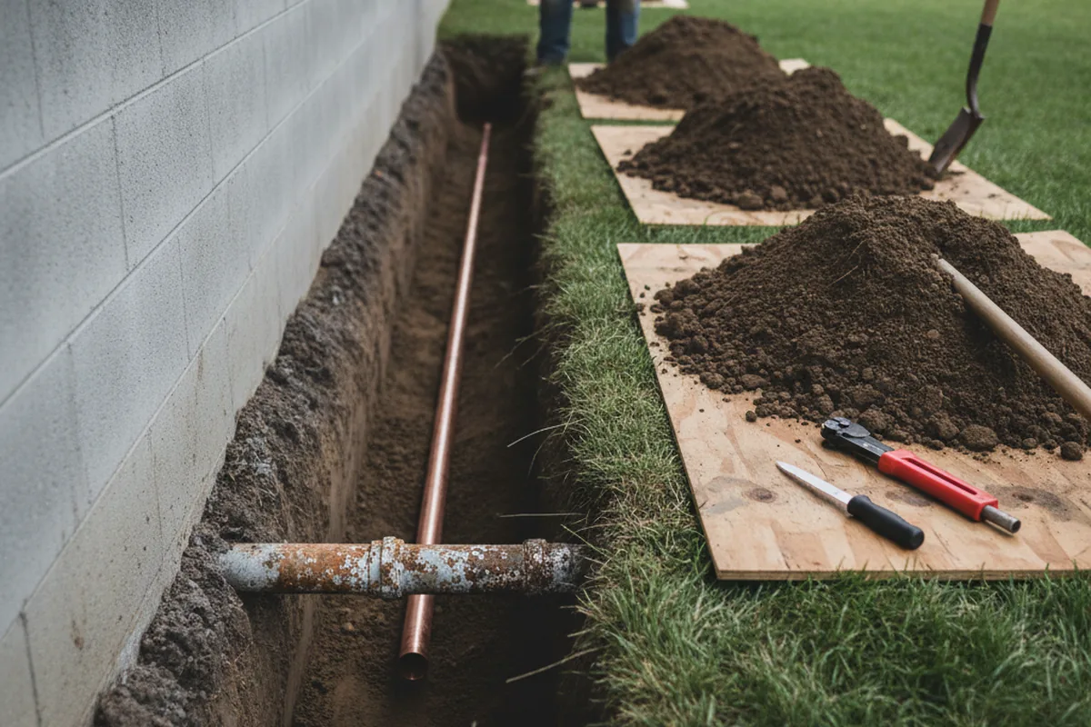 Excavated water line trench during Sewer Line Repair in Geismar